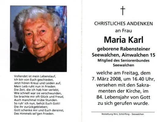 Begräbnis von Frau Maria Karl