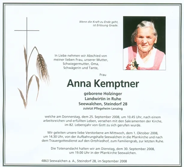 Begräbnis von Anna Kemptner