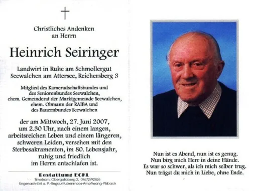 Begräbnis von Hrn. Seiringer Heinrich